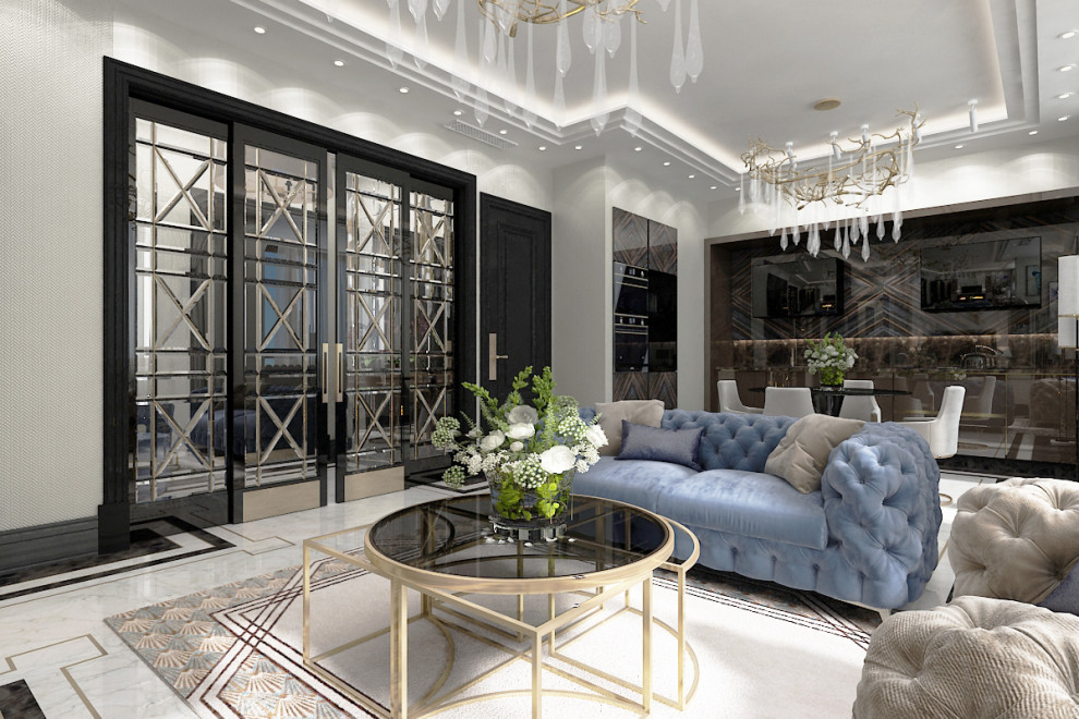 Гостиная с камином ArtDecoю. Квартал Redside