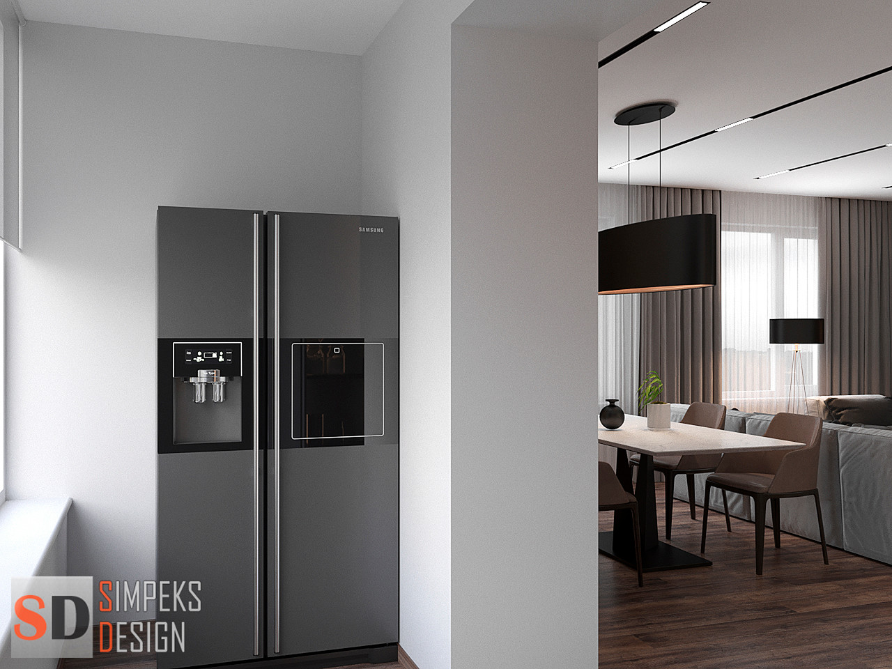 Refrigerator on the balcony Kitchen in gray tones with wood