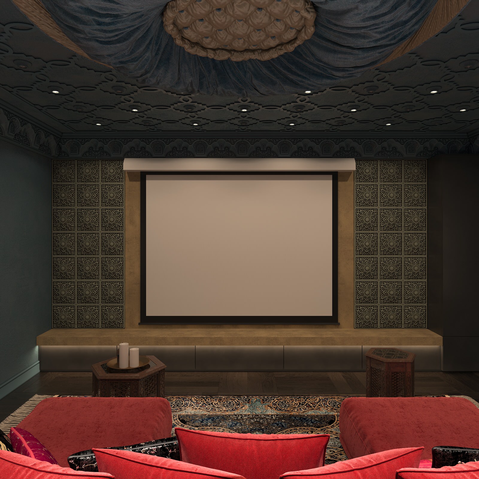 Интерьер Кинозала в цокольном этаже загородного дома в Восточном стиле