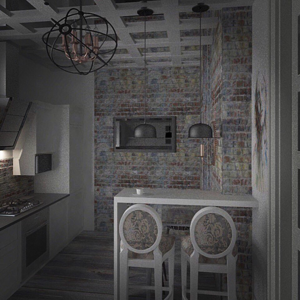 Организация кухни с уютным местом для чаепития, в проходном, узком помещении.