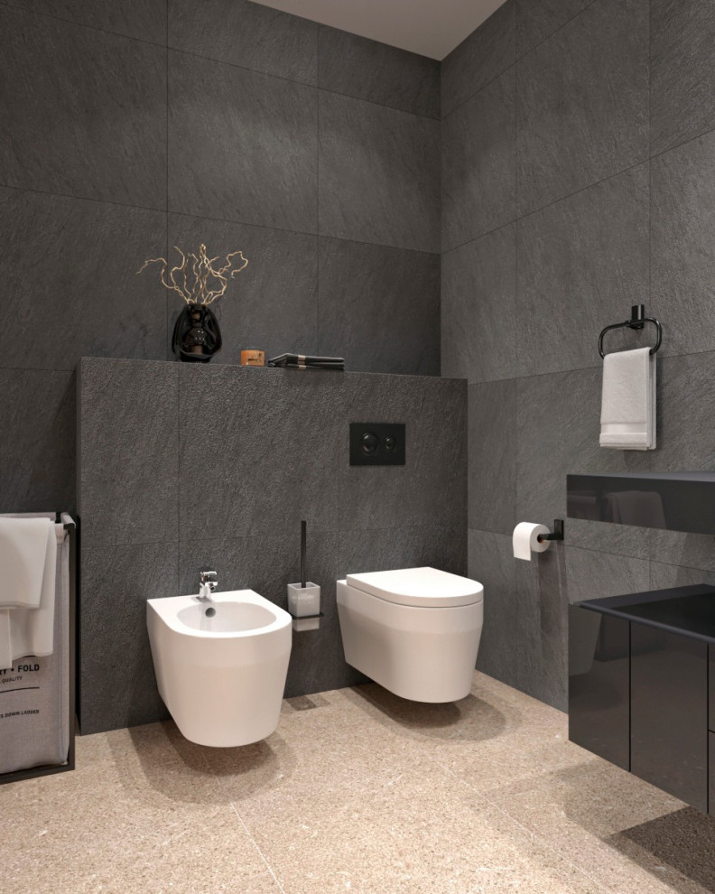 Стильная спальня с ванной за стеклянной перегородкой