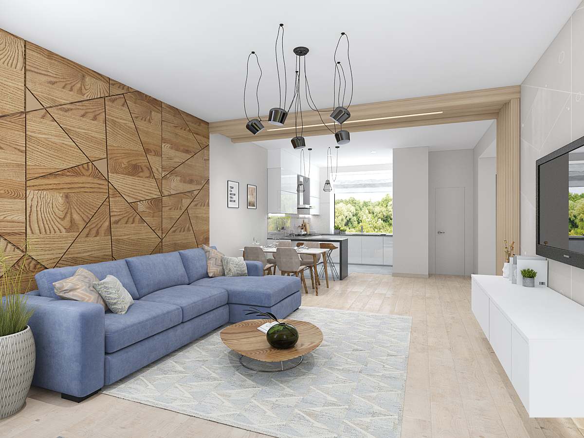 Кухня-гостиная с деревянными панелями