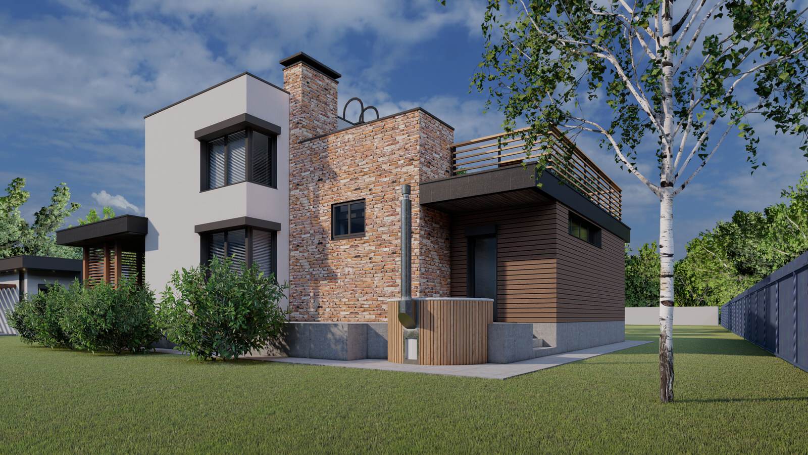 Вид со стороны уличной купели. Выход из помывочной на открытую террасу.