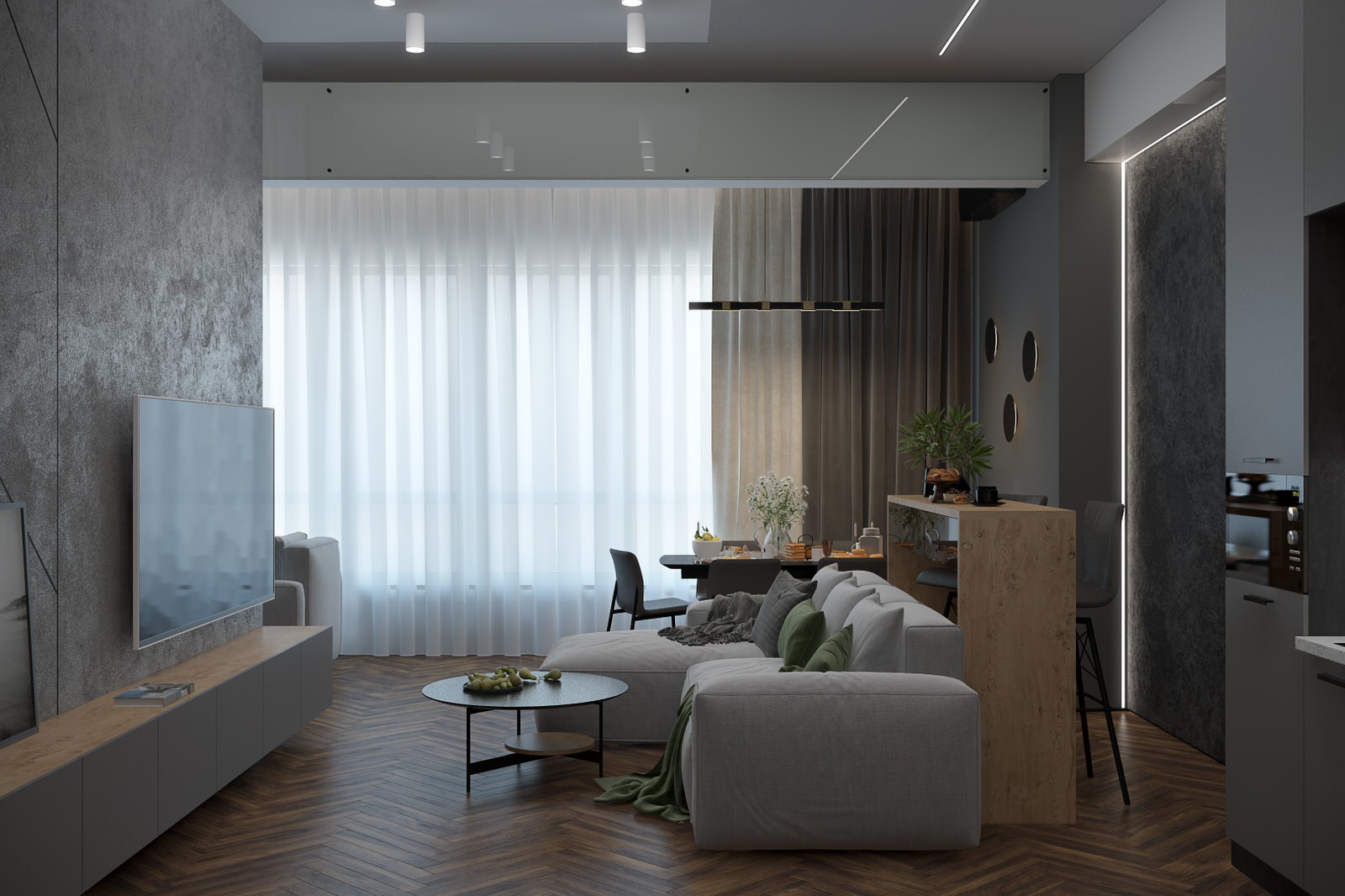 Кухня-гостиная в современном стиле в квартире