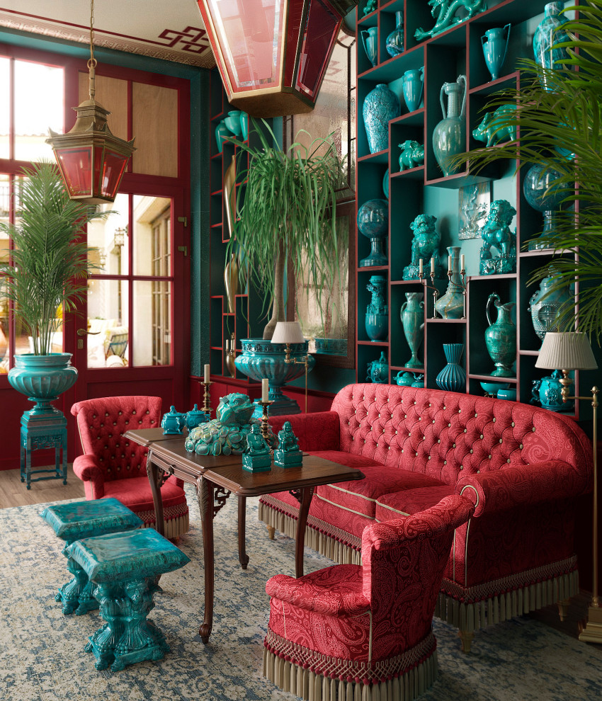 Обложка проекта: 3d визуализация китайской комнаты с нефритовыми фигурками