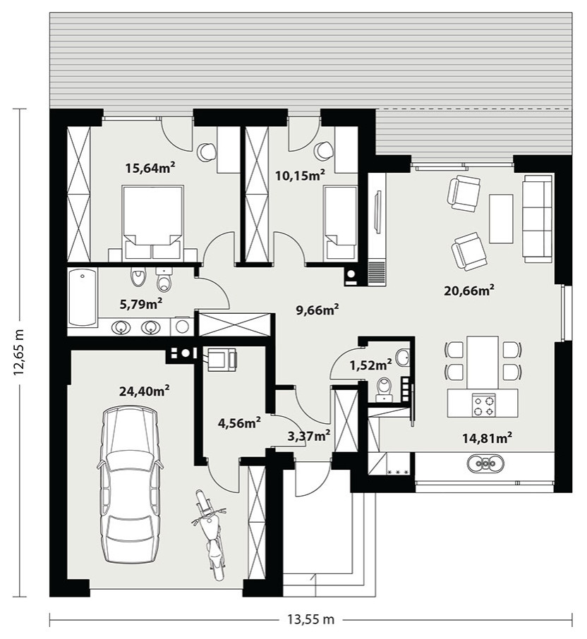 Проект одноэтажного дома с плоской крышей и гаражом