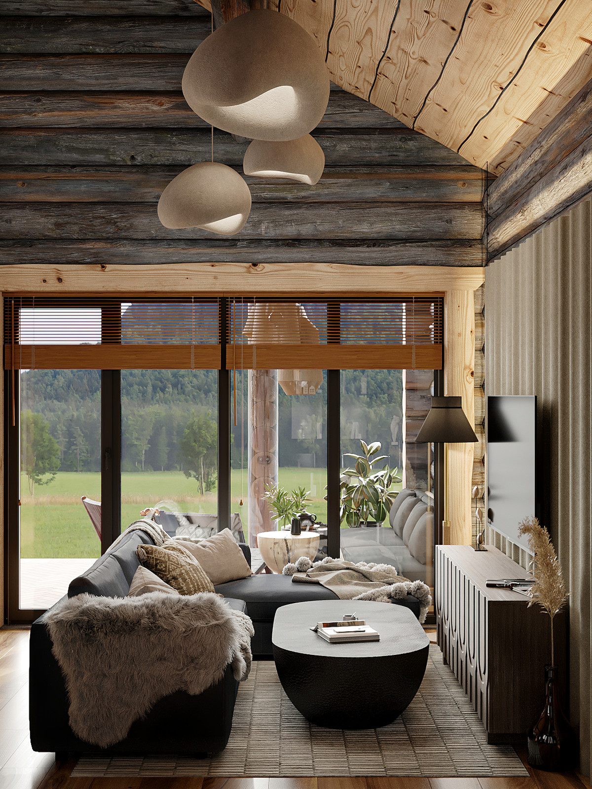 Дом из кело для рыбалки. Кухня-гостиная