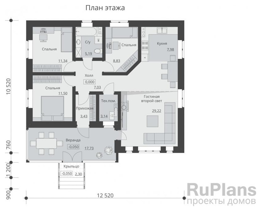 Rg5977 - Одноэтажный дом с тремя спальнями и верандой