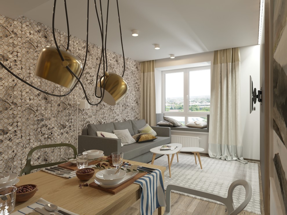 Дизайн объединенного пространства кухни-гостиной для молодой пары, 1 вариант