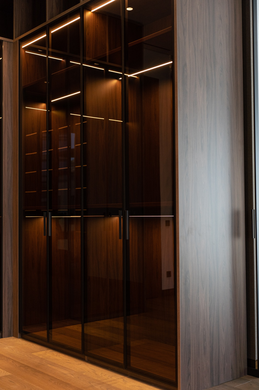 Гардеробная комната с распашными стеклянными RPE фасадами