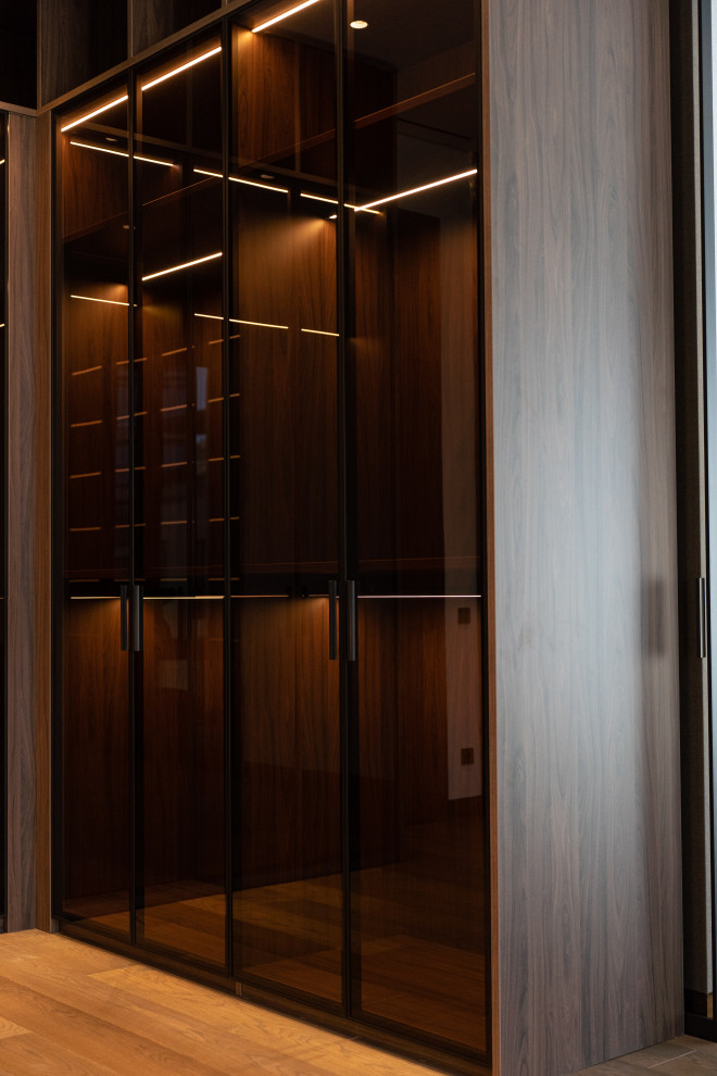 Гардеробная комната с распашными стеклянными RPE фасадами