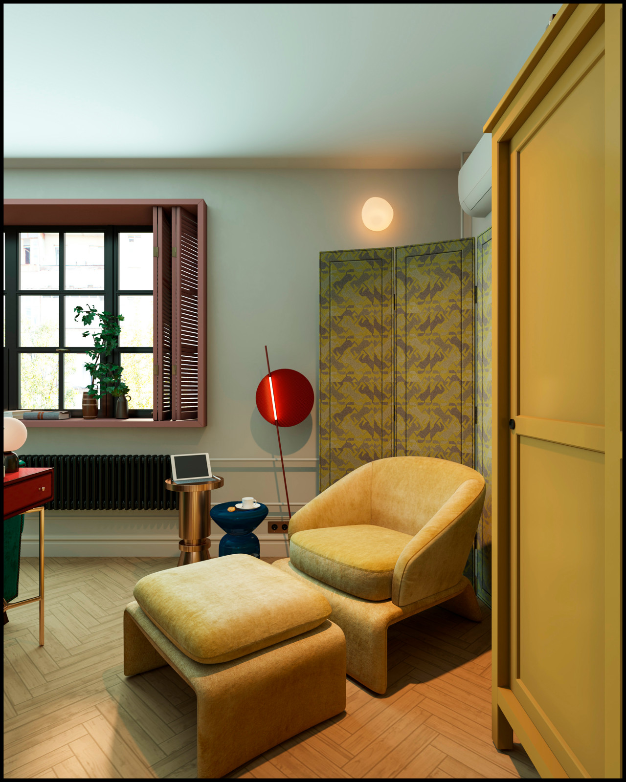 Эклектичный проект квартиры с огромной гардеробной с окном