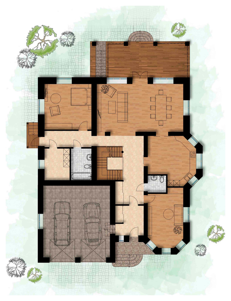 Обложка проекта: Проект двухэтажного дома с гаражом на два автомобиля и цоколем