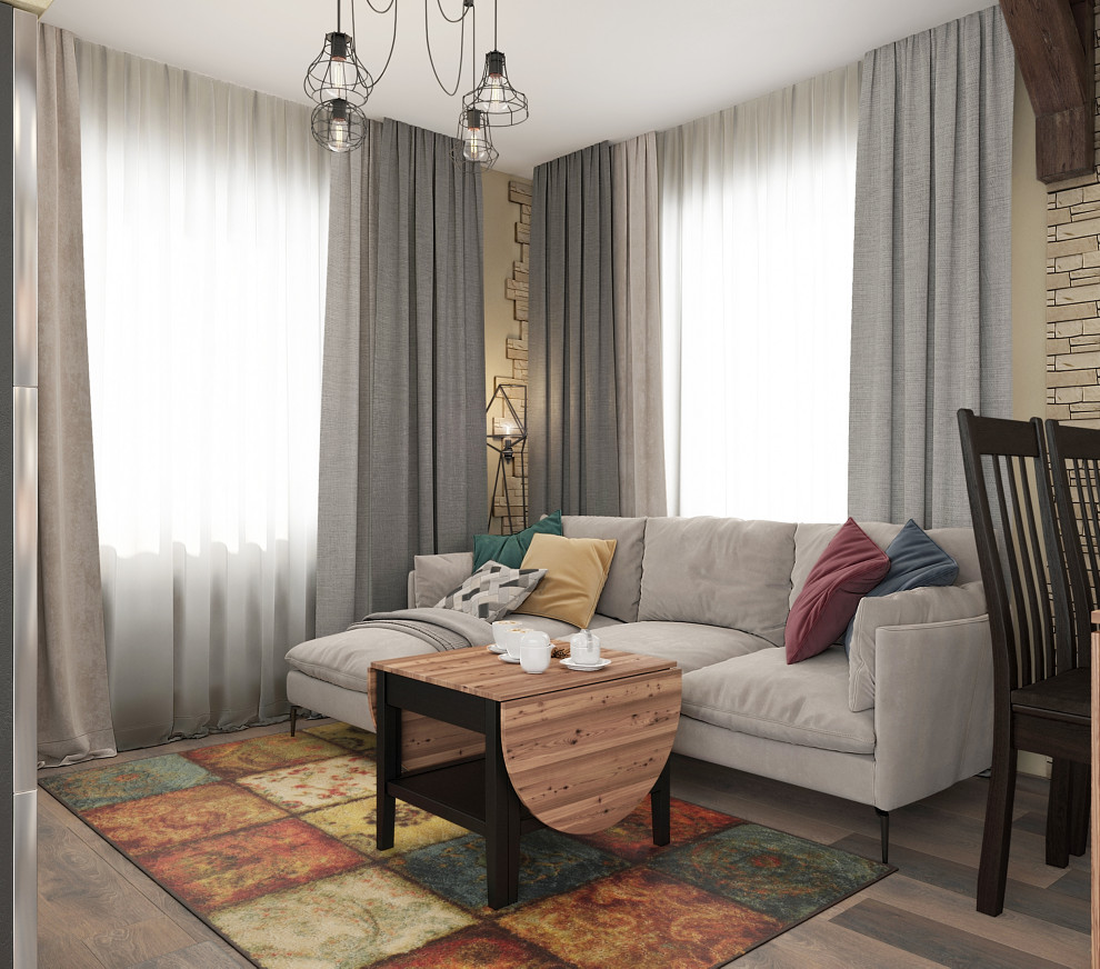 Дизайн-проект кухни гостиной с печью-камином