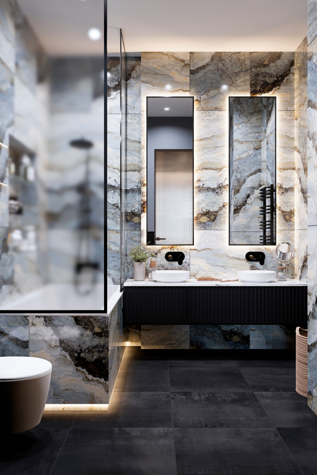 Ванная комната с гардеробной (мастер спальня). Ванная отделана керамогранитом