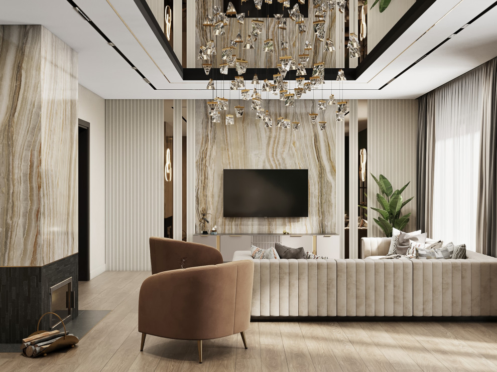 Просторная гостиная с акцентным потолком