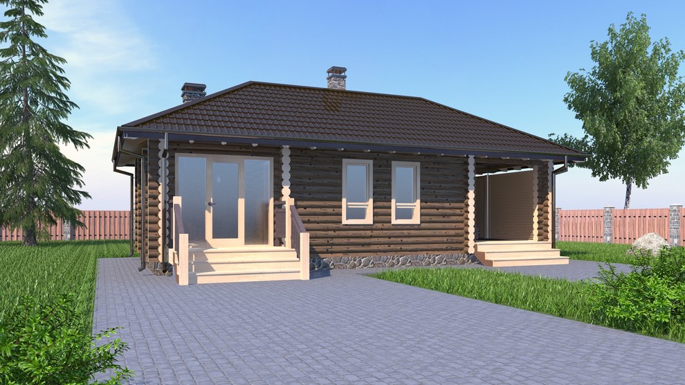 одноэтажная баня с застекленной верандой и дровяником