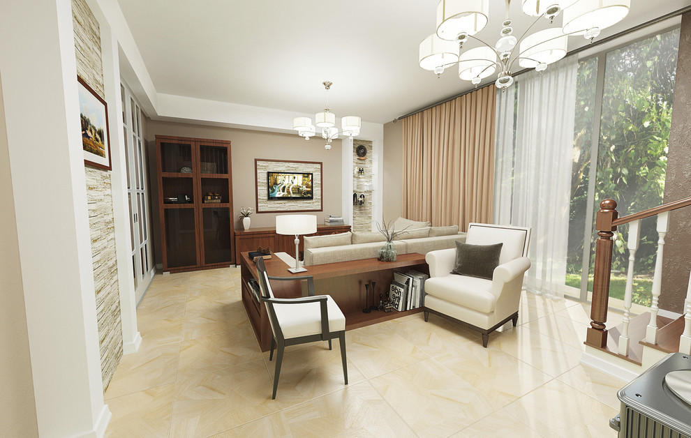 Гостиная с лестницей и камином