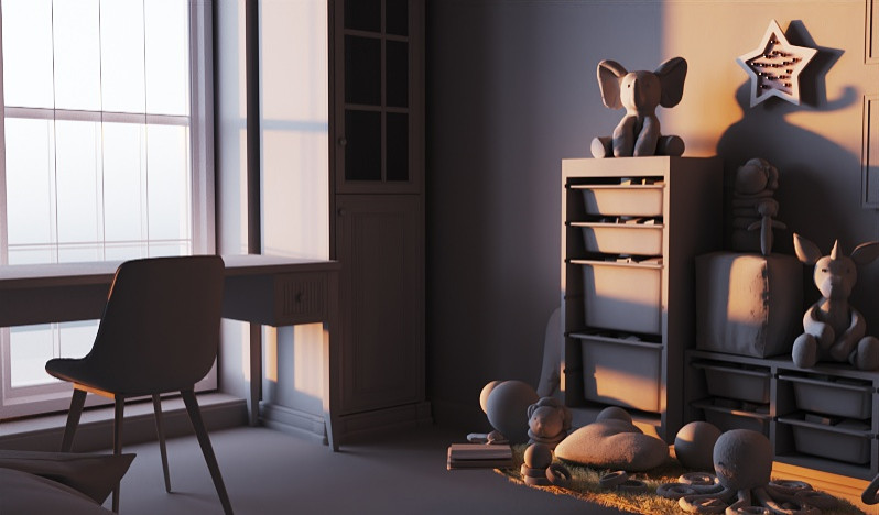 Обложка проекта: Проект "Черно-белый 3Д детской комнаты с вариантами освещения времени суток"