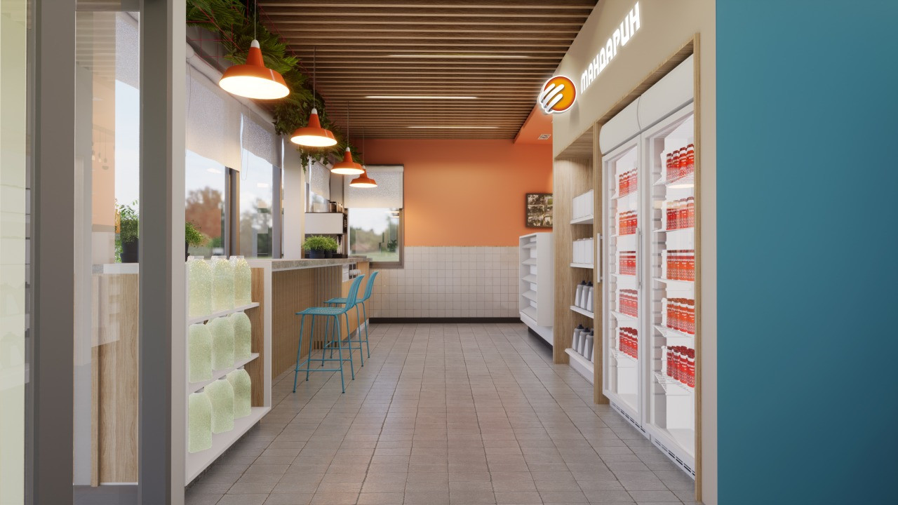 Интерьер кафе и магазина сети заправок "Апельсин", Рославль