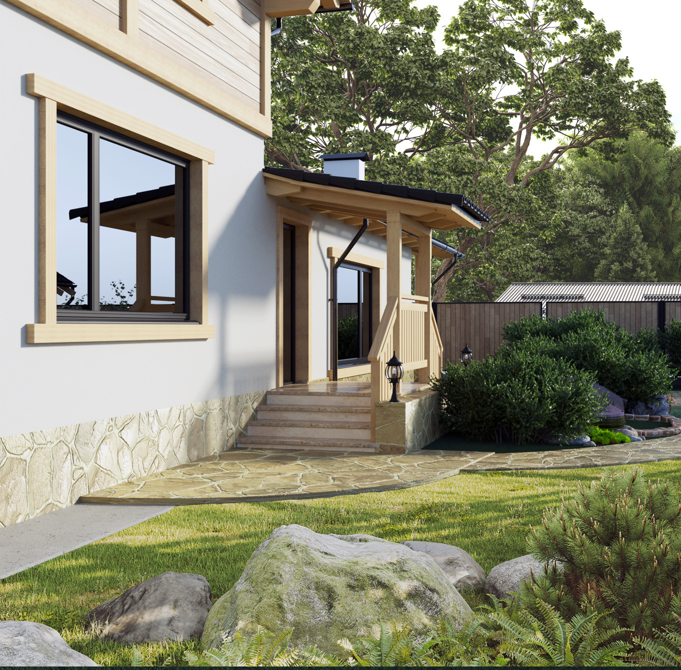 Визуализация решения по благоустройству вокруг дома. Пристройка к дому.