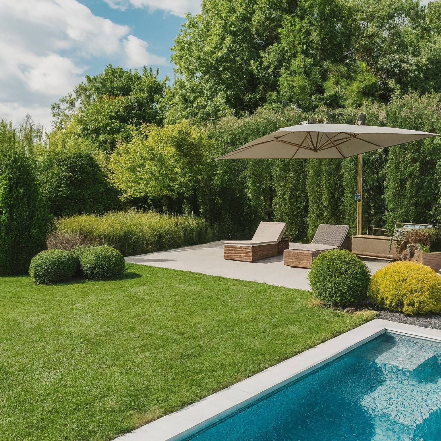 Проект зоны отдыха в частном саду с бассейном