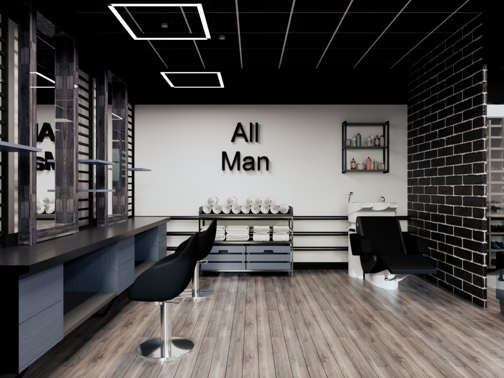 Брутальный лофт. Дизайн интерьера магазина мужской одежды и барбершопа "ALL MAN"