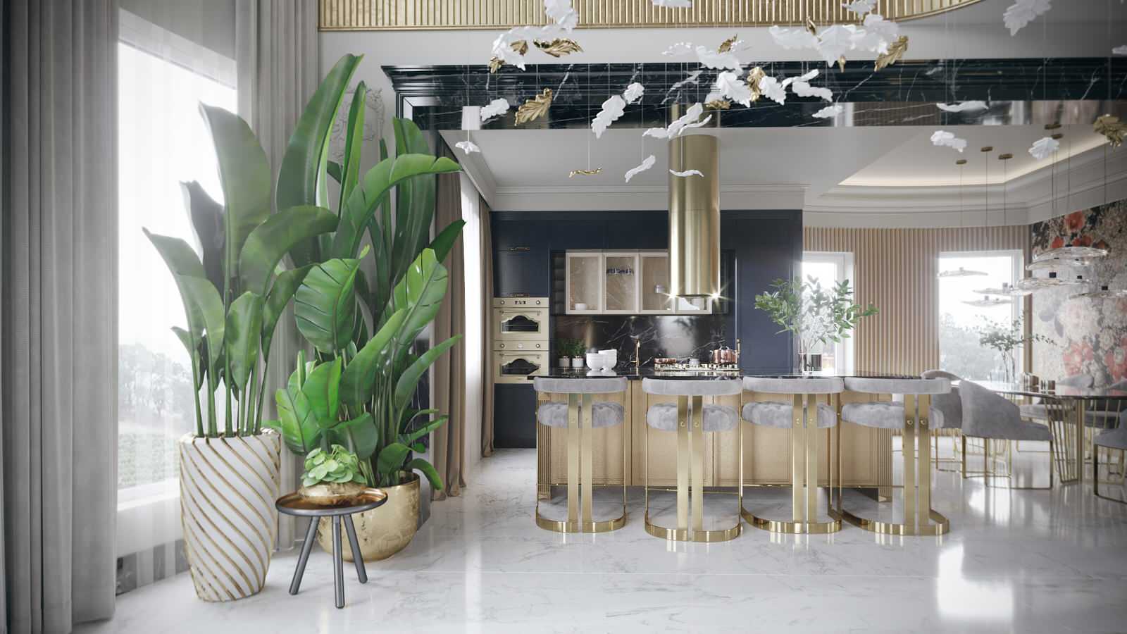 Кухня с островом в загородном доме