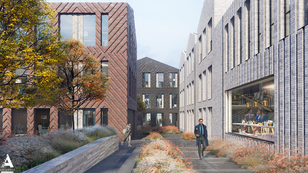 Небольшой офисный комплекс со сложной кирпичной кладкой