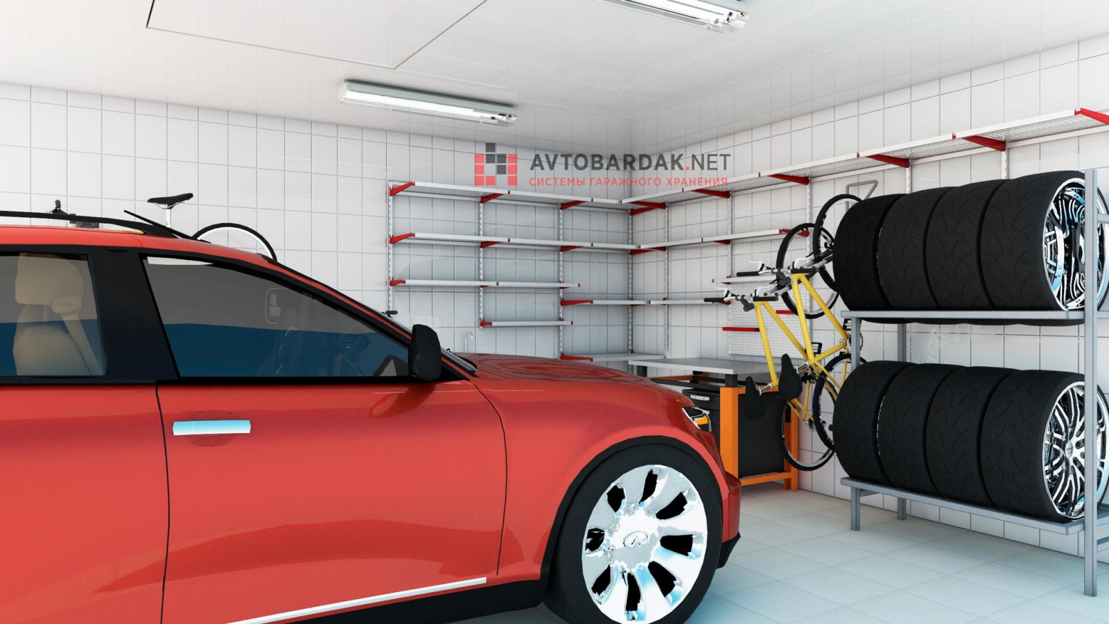 Обложка проекта: Проект № 14: гараж 35,25 кв м- зона с верстаком, полками, колесами и велосипедом