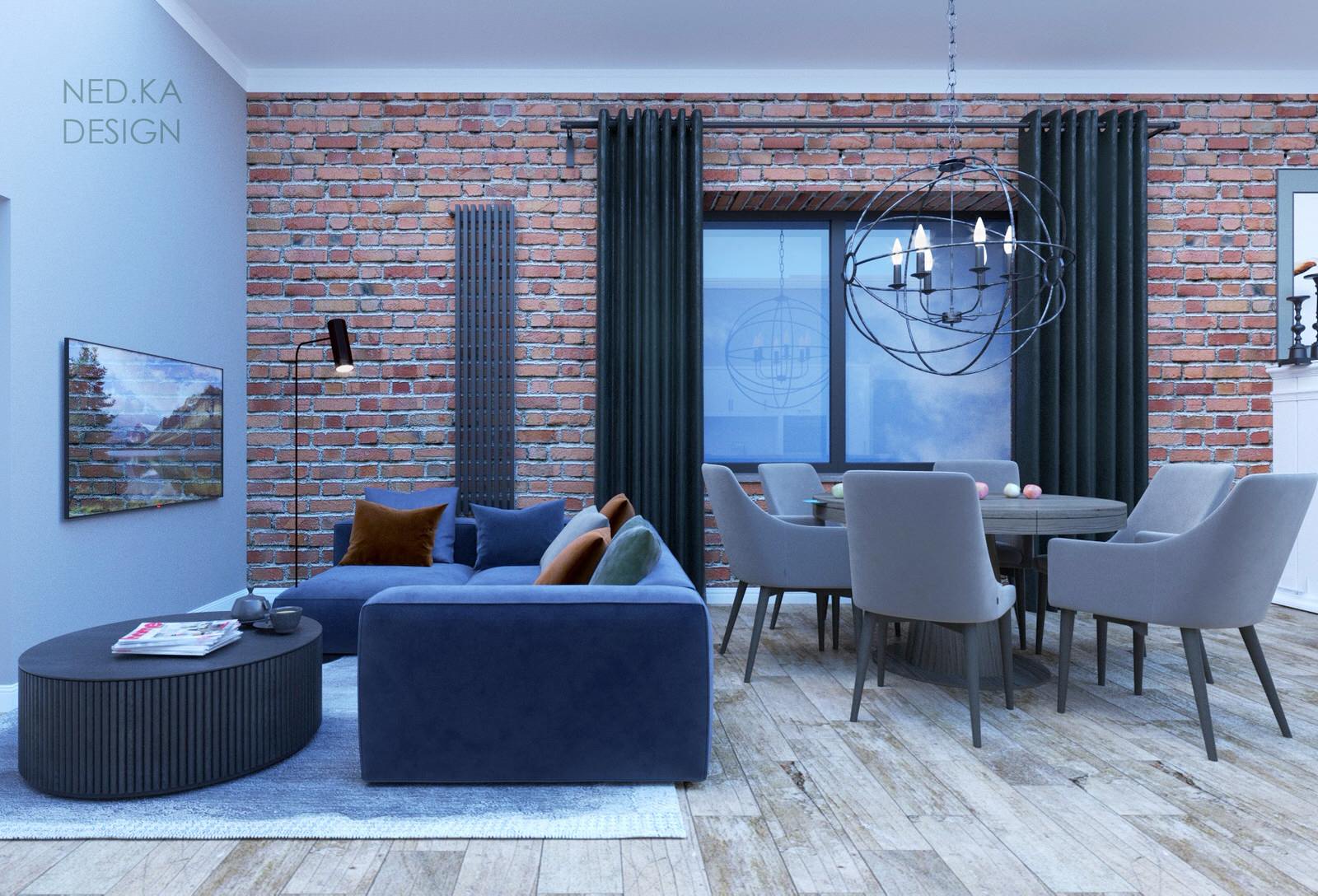 Дизайн загородного дома . Гостиная/кухня/столовая зона/каминная зона.