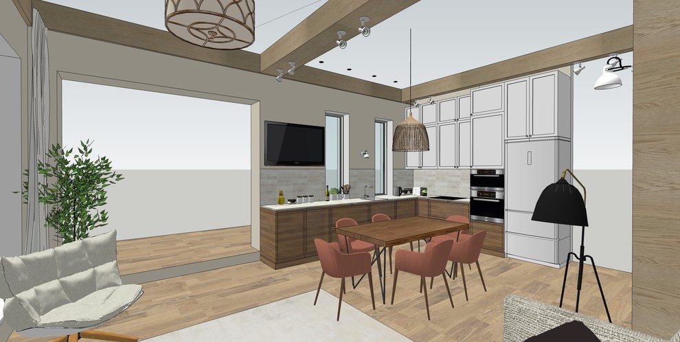 Деревянные балки в современной кухне-гостиной