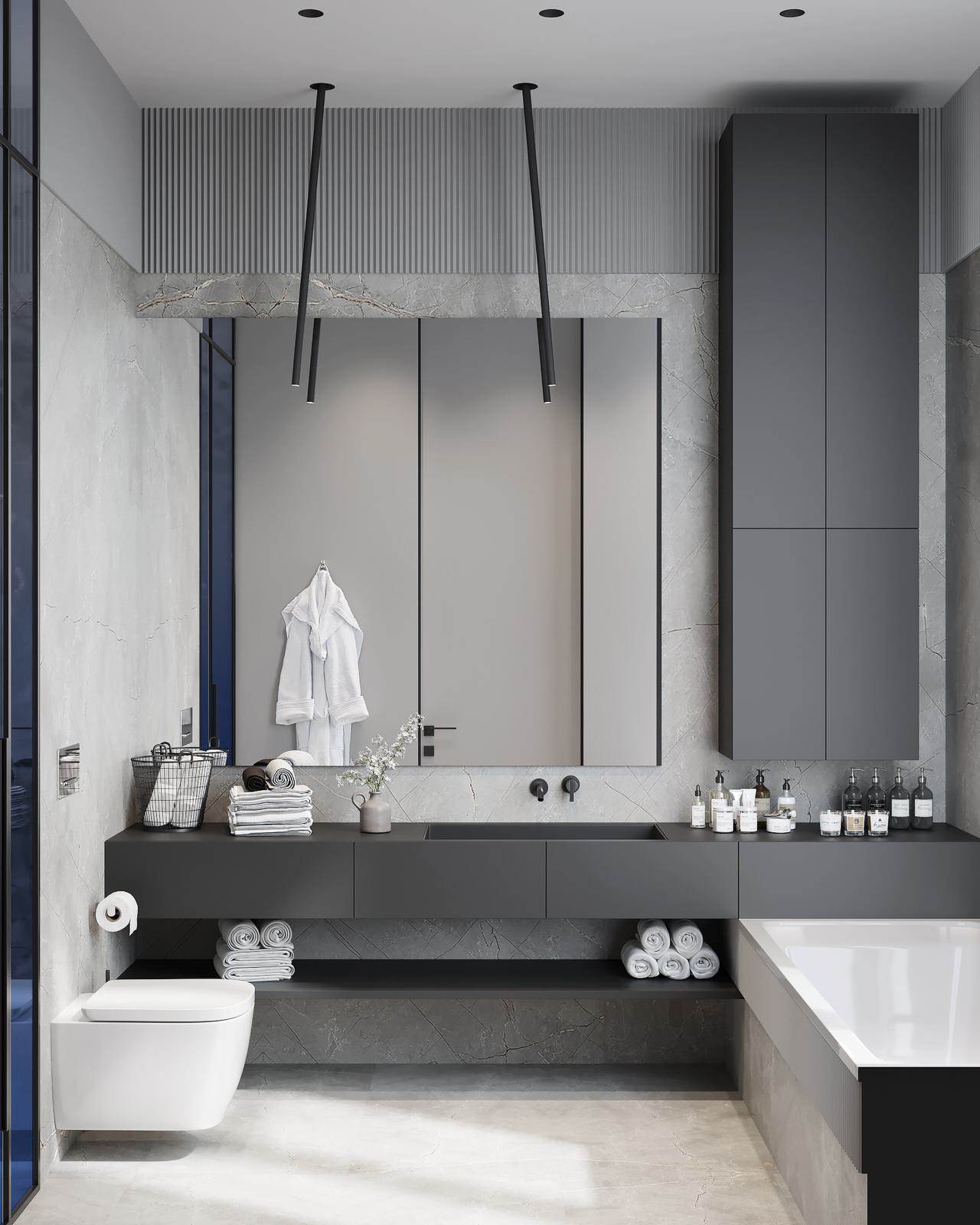 Монохромный интерьер ванной комнаты с необычной душевой