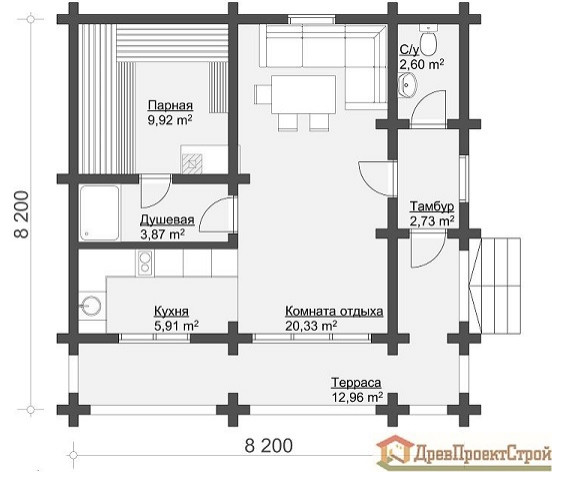 Проект бани № 156. Баня из бруса массива естественной влажности 140 х 140,