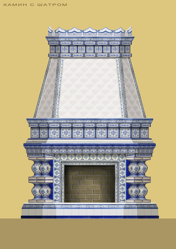 Авторский камин с облицовкой из фарфора с ручной росписью под ключ