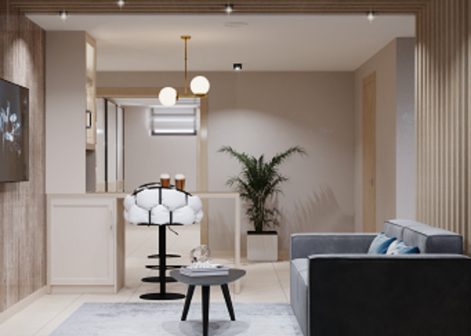 Дизайн проект загородного дома - 1 этаж - зона сауны и комнаты отдыха с баром