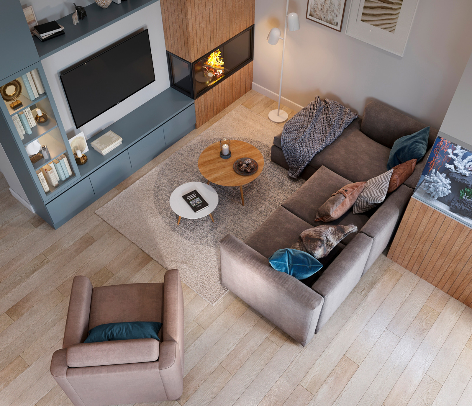 Кухня-гостиная на первом этаже. Вид сверху на диванную зону