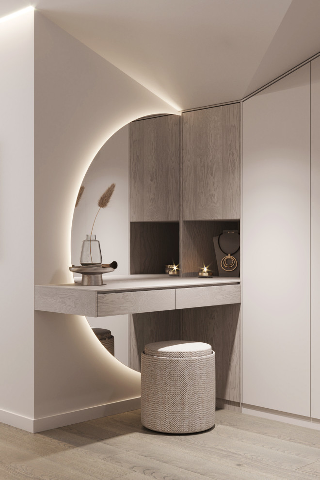 Белые интерьеры спальни и ванной комнаты