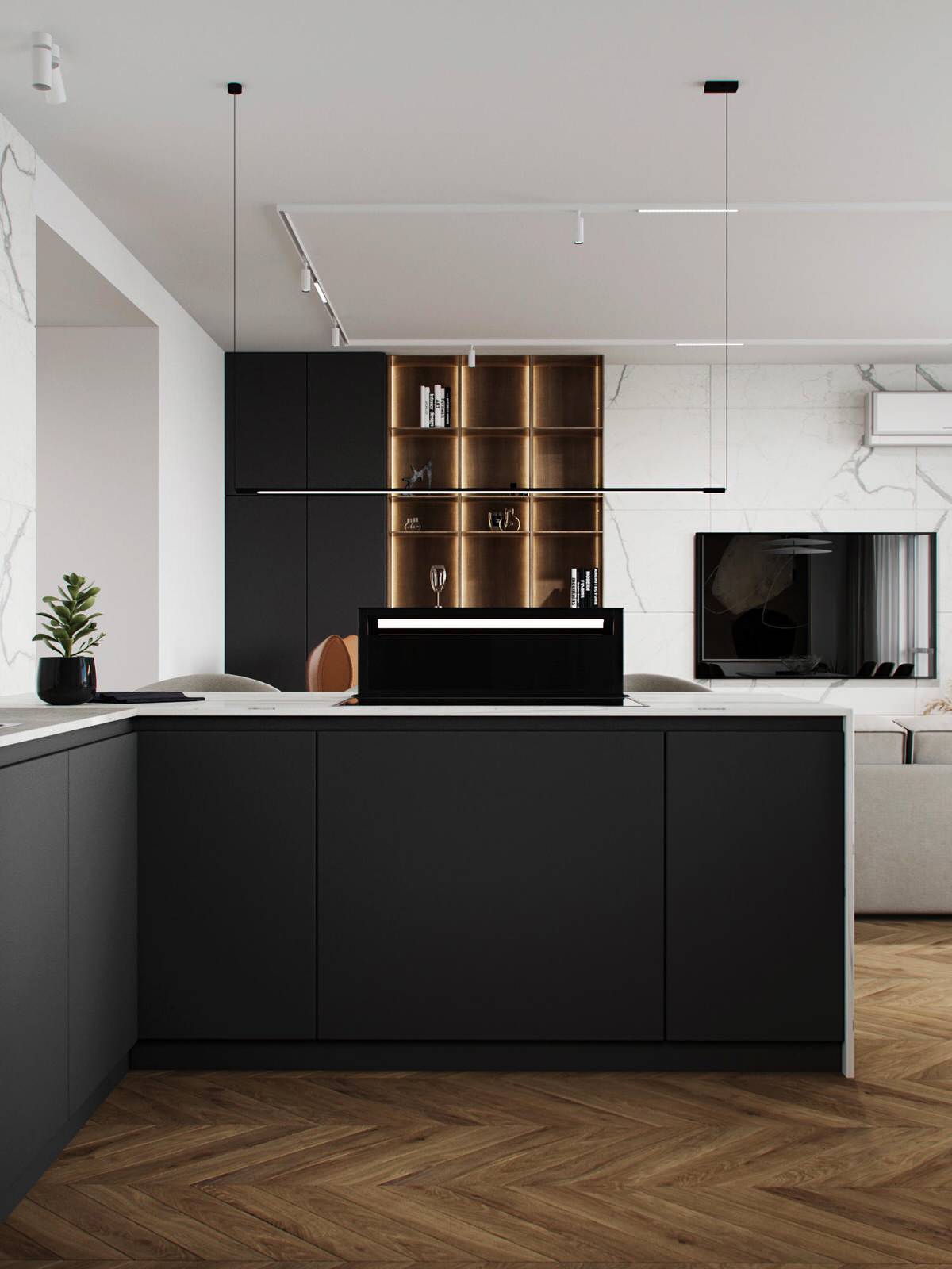 Cовременная квартира, дизайн интерьера в светло-темных тонах в ЖК "Георг Ландрин