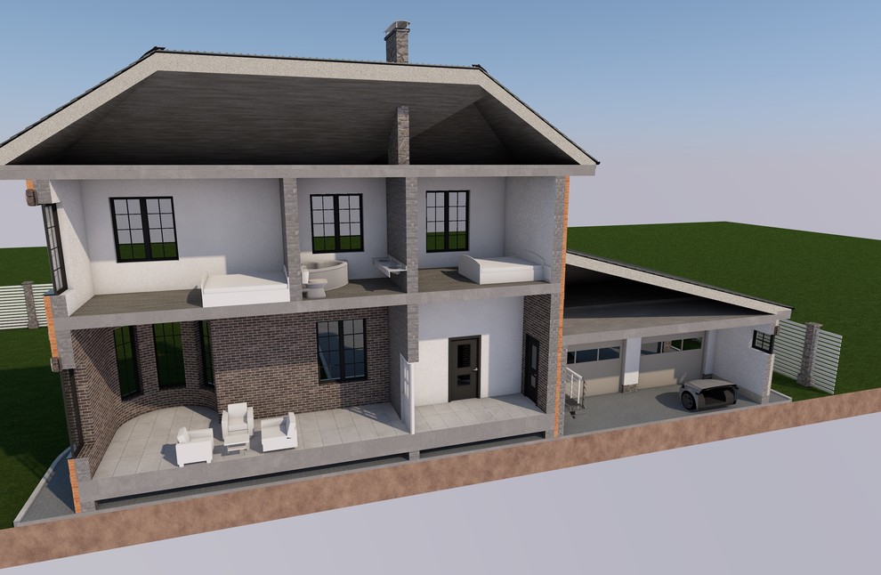 Обложка проекта: каменный дом с большим бассейном