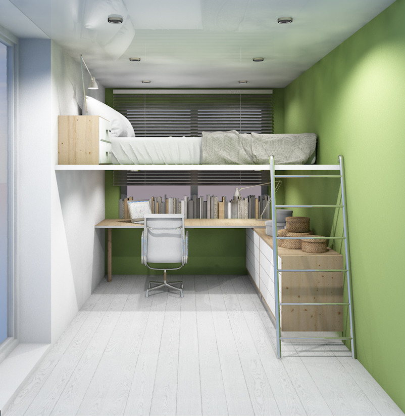 Трансформируемый интерьер контейнерного жилья в стиле "контемпорари".