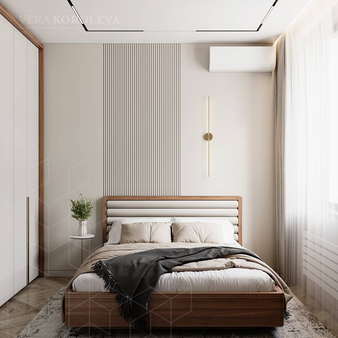 Современная спальня со стеновыми панелями и декоративным освещением в ЖКЛ "Зилар