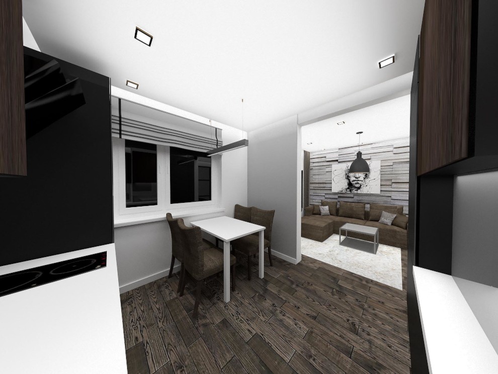 Черно-серая квартира с черно-коричневой кухней