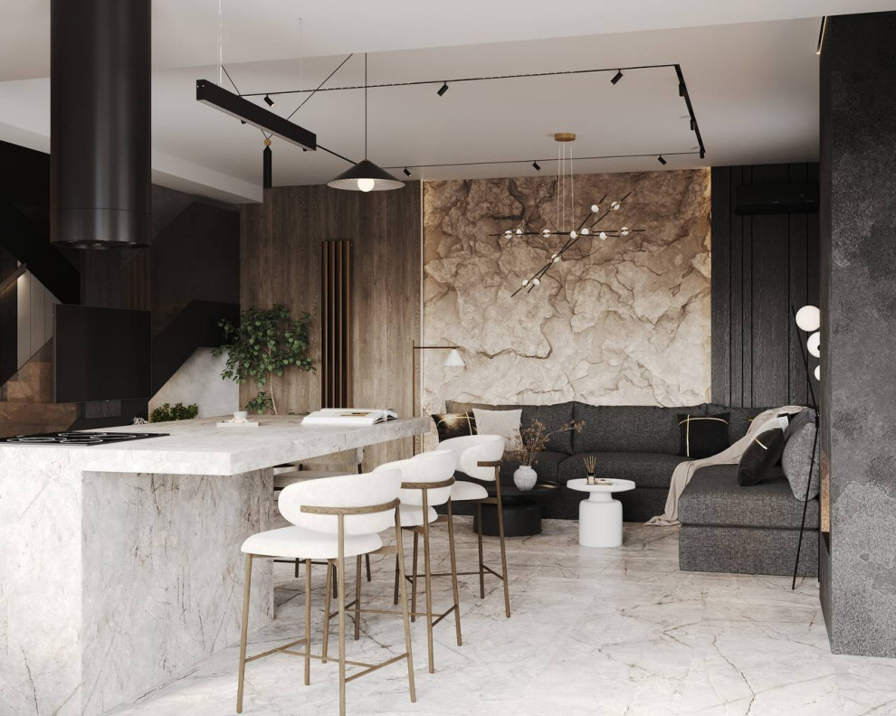 "Дом для двоих", частный дом, представлена входная группа и кухня- гостиная.