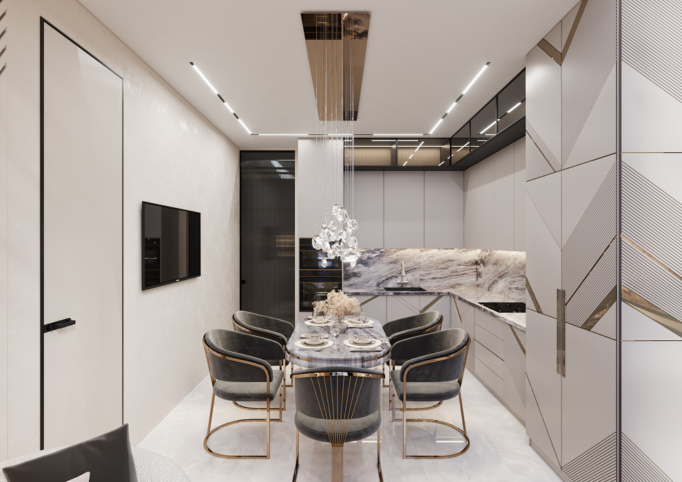 Дизайн кухни-гостиной в двухуровневой квартире в Москве