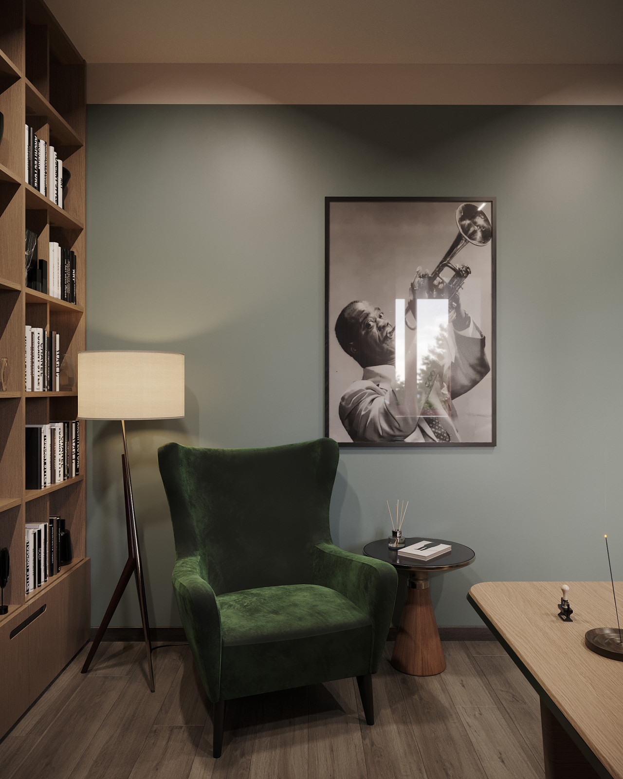 Дизайн и 3д-визуализация кабинета в загородном доме. Вариант 2.