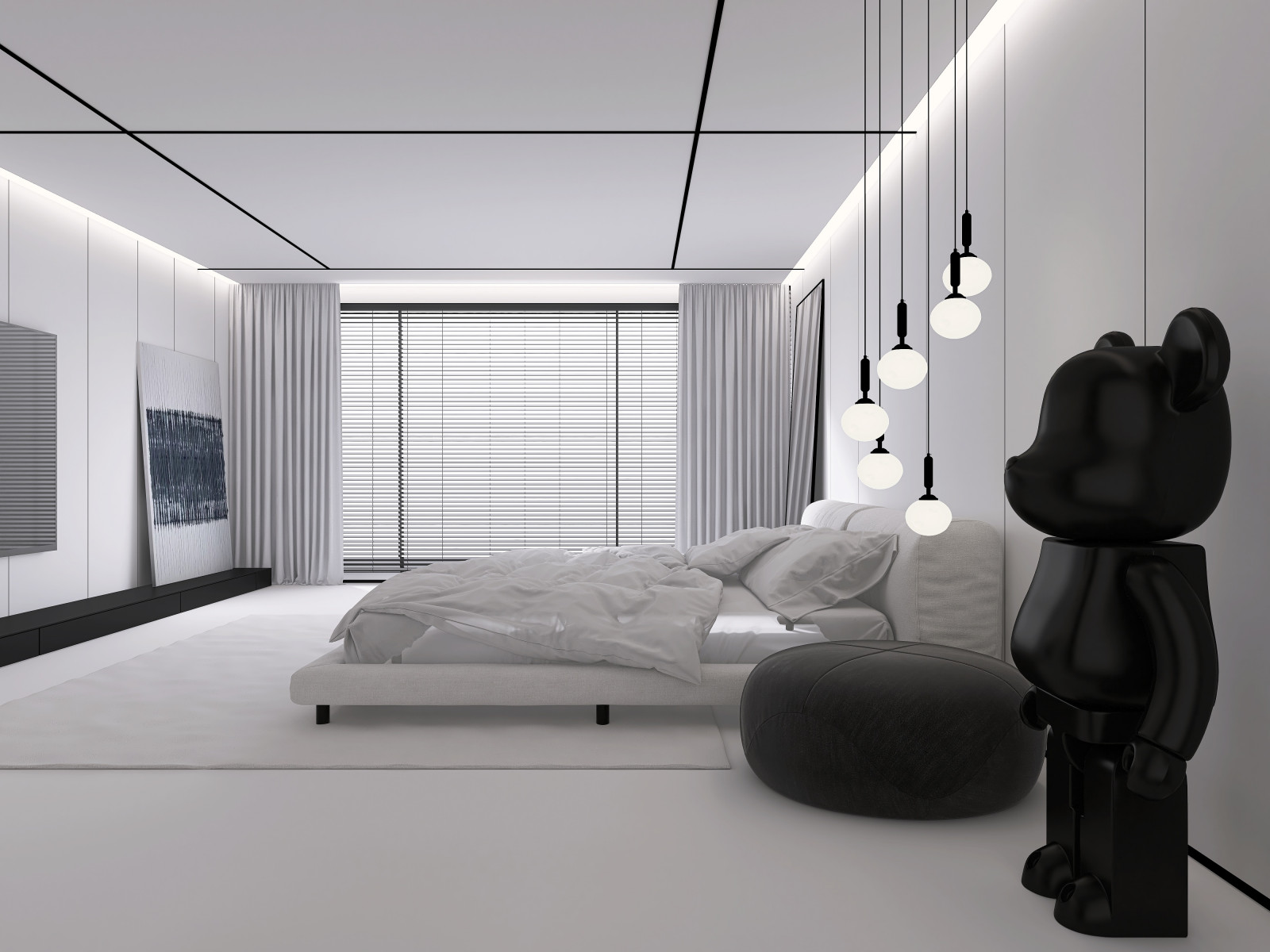 Белая спальня в стиле минимализм.  Основная чертами этой спальни это большая гар