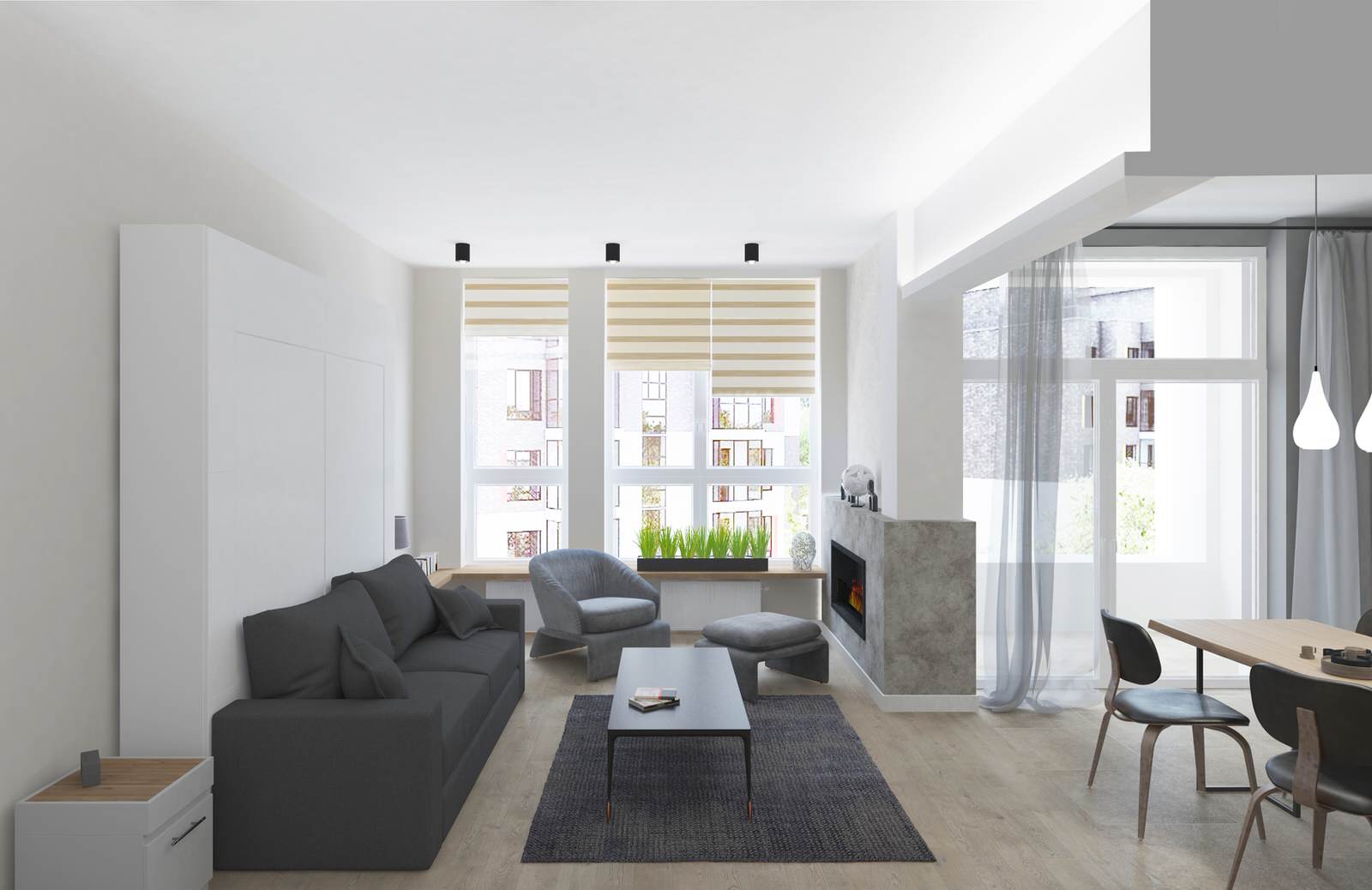 Стиль минимализм + лофт.  "Графит и картон"