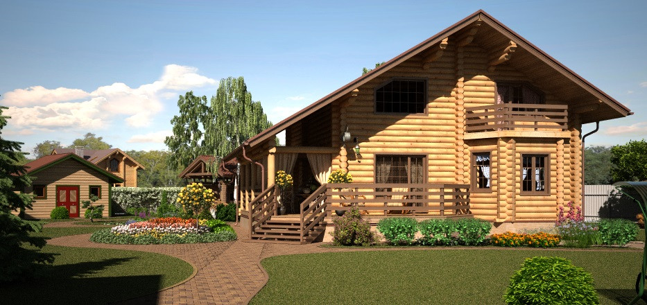 Ландшафтный дизайн для дома из оцилиндрованного бревна