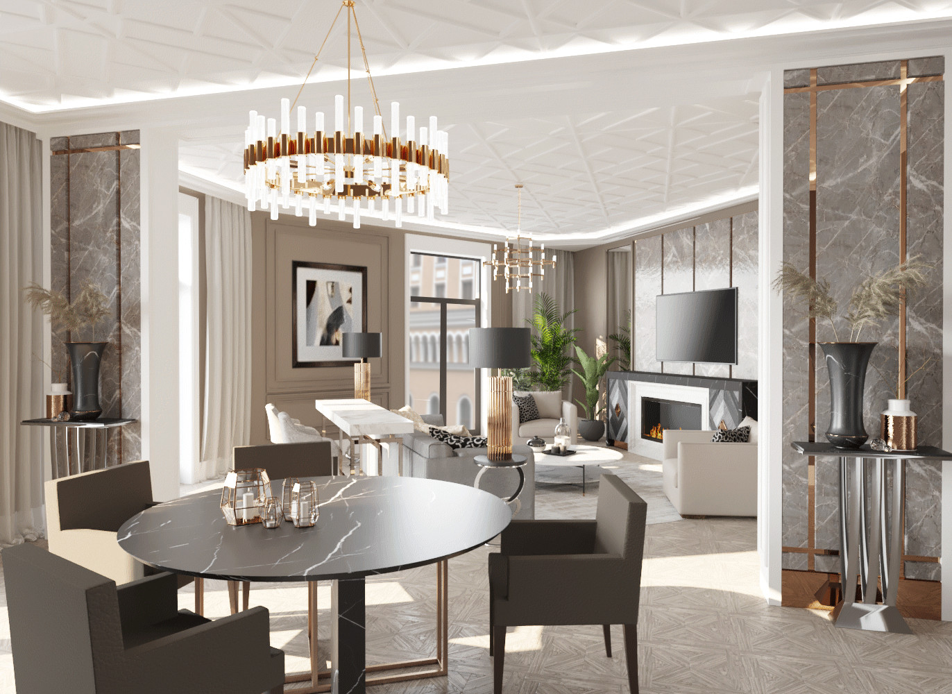 Концепт гостиной с камином